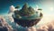 Amazing fantasy scenery with floating islands, house, field on cloudy background. AI generated