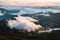 Amazing flowing morning fog in spring mountains