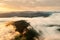 Amazing flowing morning fog in summer mountains