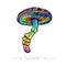 Amazing fly agaric sticker. Drawing of a rainbow hallucinogenic mushroom. Fantastic toadstool concept hand-drawn. Stylized image