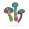 Amazing fly agaric sticker. Stylized image of psilocybin mushroom. Drawing of hallucinogenic mushrooms in acid colors