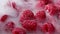 Amazing footage of raspberry with cold steam smoke. Tasty sweet fruit, berry. Healthy food, organic proper vegan