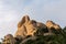 Amazing geological formations, strange-looking cliffs on sunset near Monastery of Montserrat, Spain