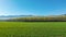 Amazing Grassland woods and snow mountains in spring