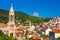 Amazing historic town of Hvar aerial view, Dalmatia, Croatia. Island of Hvar bay aerial view, Dalmatia, Croatia. Harbor of old