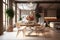 Amazing home interior natural tones with luxury furniture - huge open cozy dining room, kitchen with island, lots of lights, linen