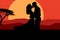 Amazing hugs and kisses at sunset. A romantic moment is revealed in silhouettes