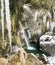 Amazing icicles and waterfall gorge on cold winter day. Hinanger Waterfall, Bavaria, Germany