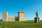 Amazing inside view at the Ourem medieval Castle, with D. Nuno Alvares Pereira statue and ruins Palace and fortress