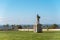 Amazing inside view at the Ourem medieval Castle, with D. Nuno Alvares Pereira statue and ruins Palace and fortress