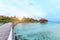 Amazing island in the Maldives ,wooden bridge and beautiful turquoise waters with blue sky background for holiday vacation