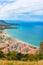 Amazing landscape around coastal village Cefalu in Italian Sicily taken from above from adjacent rock overlooking the bay.