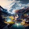 Amazing Landscape Art - Village In The Alps Illustration - Ai Generated