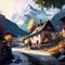 Amazing Landscape Art - Village In The Alps Illustration - Ai Generated