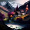 Amazing Landscape Art - Village In The Alps Illustration - Ai Generated