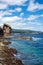 Amazing landscape in the Azores, Portugal. Large rocks against the blue sky on the uninhabited volcanic island of Vila Franca.