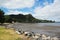 Amazing landscape with beach, blue sky, clouds and sands around Parua Bay, Whangarei, New Zealand.