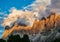 Amazing landscape of Dolomites Alps during sunset.  Location: Odle mountain range, Seceda peak in Dolomites Alps, South Tyrol,