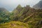 Amazing Landscape of harsh rugged mountain peaks of Ribeira de Janela and village in the valley. Santo Antao Cape Cabo