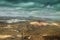 Amazing landscape with Lanzarote terrain and dark cloudy sky