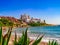 Amazing landscape of the Mediterranean Sea Bay on the beach of Altafulla Spain with leaves of giant aloe vera in the foreground