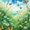 Amazing landscape painted watercolor style with wild butterflies flying and