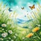 Amazing landscape painted watercolor style with wild butterflies flying and