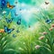 Amazing landscape painted watercolor style with wild butterflies flying and