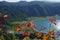 Amazing landscape view of crater volcano lake in Sao Miguel island Azores Portugal with flowers