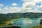 Amazing landscape view crater volcano lake in Sao Miguel island of Azores in Portugal in turquoise color water