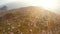 Amazing landscape on volcanic island with many houses on green hills, magic hour