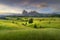 Amazing landscapes view of green hills with summer blue sky on sunrise from Seiser Alm Dolomites, Italy.