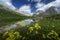 Amazing landscapes view of pond and green mountain with blue sky on summer from Dolomites, Italy.