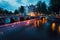 Amazing Light trails and reflections on water at the Leidsegracht and Keizersgracht canals in Amsterdam at evening. Long