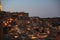 Amazing lighted buildings in ancient Sassi district by night in Matera,