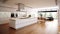 Amazing Luxury Kitchen Interior in white with wooden floor and kitchen. Generative AI