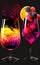 Amazing magenta, pink, purple, red, orange, yellow fusion cocktails with raspberry, orange and blackberry