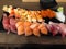 Amazing many sushi japan style with salmon tuna fish the most beautiful background