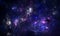 Amazing mesmerizing 3d illustration of glowing starry space, far galaxies, interstellar clusters and nebula in blue violet lights.