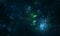 Amazing mesmerizing 3d illustration of interstellar clusters, glowing starry space, far galaxies and nebula in blue green lights.