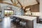 Amazing modern and rustic luxury kitchen with vaulted ceiling and wooden beams, long island with white quarts countertop