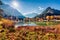 Amazing morning view of Jasna lake. Superb autumn scene of Julian Alps, Gozd Martuljek location, Slovenia, Europe. Wonderful lands