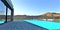 Amazing morning in the yard of the contemporary house with pool in the sunny mountains. 3d rendering.house, home, architecture,