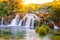 Amazing nature landscape, famous waterfall Skradinski buk at sunrise, Croatia, outdoor travel background