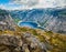 Amazing nature view on the way to Trolltunga. Location: Scandinavian Mountains, Norway, Stavanger. Artistic picture. Beauty world.