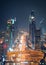 Amazing night dubai downtown skyline and road leading to Abu Dhabi, Dubai, United Arab Emirates