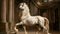 amazing opulent white horse with long tail and mane posing in regal stable. paint in ancient engraving style. Digital artwork. Ai