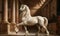 amazing opulent white horse with long tail and mane posing in regal stable. paint in ancient engraving style. Digital artwork. Ai