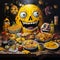 Amazing painting art of a clown with a large face with food, cartoon compositions text and emoji installations. Generative AI