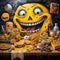 Amazing painting art of a clown with a large face with food, cartoon compositions text and emoji installations. Generative AI